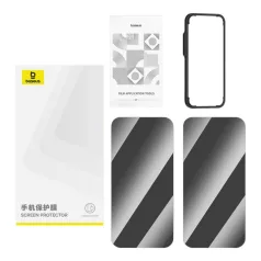   Adatvédelmi edzett üveg Baseus Superior iPhone 15-hez + 2x tisztító készlet és EasyStick (átlátszó)