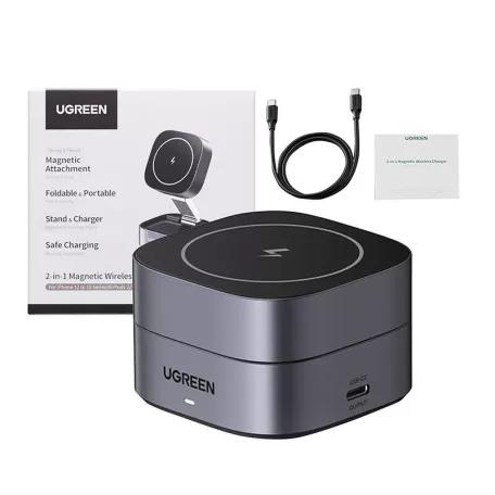 UGREEN W256 2 az 1-ben Qi induktív iPhone/AirPods töltő, 20W + USB-C-USB-C kábel, 1m (fekete)