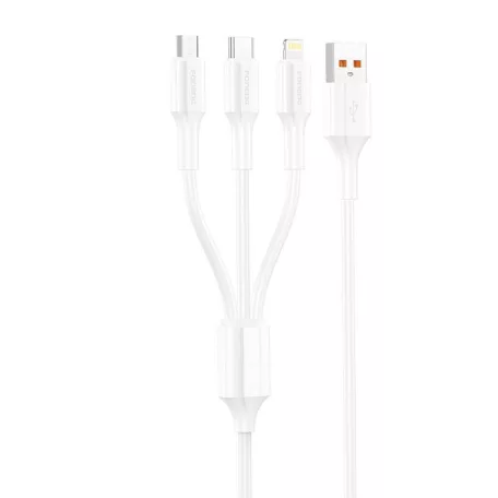 Foneng XS01 3 az 1-ben USB-C/Micro-USB/Lightning kábel, 3A, 1,2m (fehér)