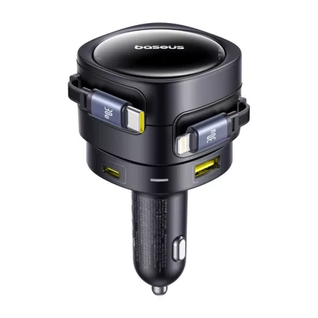 Baseus Enjoyment Max autós töltő USB-C + villámkábellel és USB-A + USB-C portokkal 90W Fekete