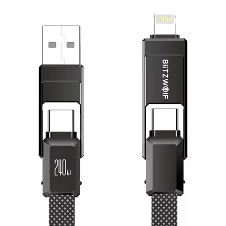 BlitzWolf BW-HDC7 4 az 1-ben USB-C+USB+Lightning kábel, 240W, 1.2m (fekete)