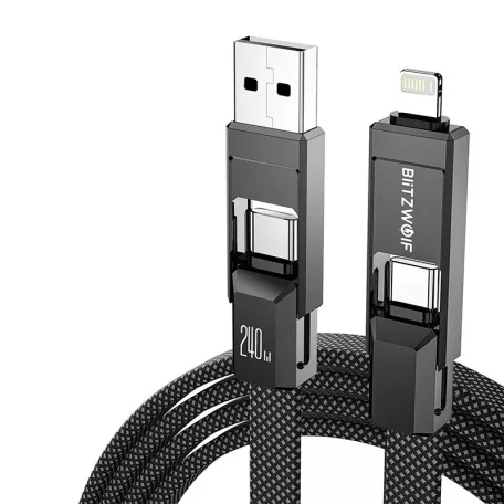 BlitzWolf BW-HDC7 4 az 1-ben USB-C+USB+Lightning kábel, 240W, 1.2m (fekete)