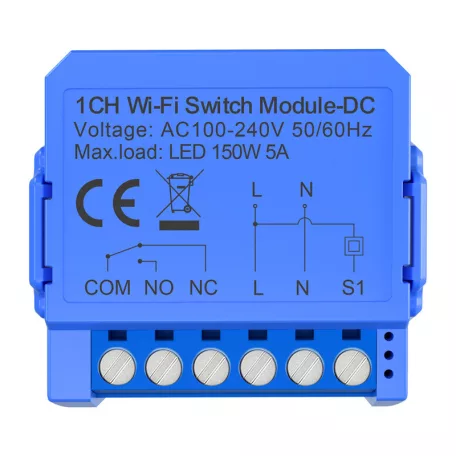 Intelligens 1 csatornás WiFi kapcsolómodul feszültségmentes egyenáramú érintkezővel Avatto WSM16-DC-1