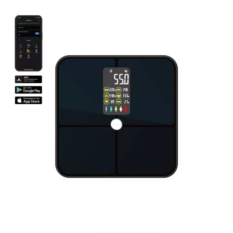 AENO ABS0002S BS2S testmérleg,  180 kg-ig terhelhető, SMART funkciók, profilok, BMI index elemzés, színes kijelző