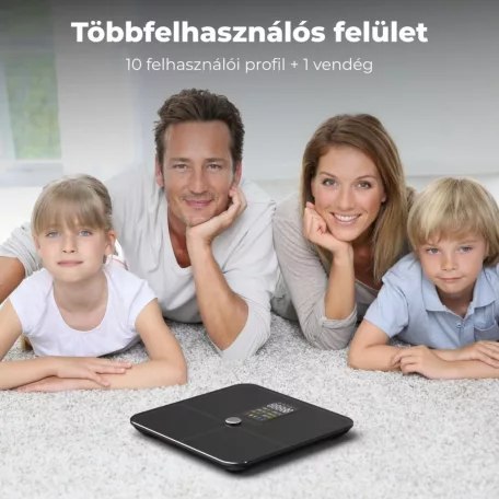 AENO ABS0002S BS2S testmérleg,  180 kg-ig terhelhető, SMART funkciók, profilok, BMI index elemzés, színes kijelző