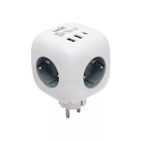 Home CUBE1 kocka elosztó USB töltővel, 3 aljzat gyermekvédelemmel, 1db USB C, 2db  USB A, max. 3680 W