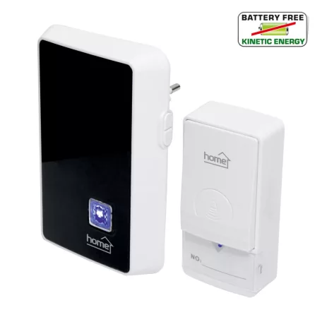 Home DBK1010AC vezeték nélküli csengő, elem nélküli, 100m hatótáv, 20 dallam, 3-fokozatú hangerő, kék LED, kinetikus nyomógomb, 230V-os tápellátás