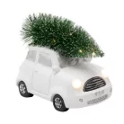 Home KDCA 15 LED-es kerámia figura, fehér autó fenyővel, 11 db LED