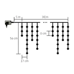   Home KKF 908/WW LED-es fényfüggöny, 30 m / 900 db melegfehér LED, 8 fényprogram, fehér vezeték, hálózati adapter, kül- és beltéri kivitel