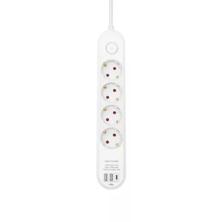 HOME NV4KUSBC hálózati elosztó, 1,5 m, H05VV-F 3G1,5 mm2 kábel, 4 védőérintkezős aljzat, USB töltőaljzat, max. 3680W, kétpólusú kapcsoló, beltéri kivitel