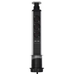   Home NVE 3/USB süllyesztett elosztó USB töltőaljzatokkal, 1,4 m, 3 földelt aljzat gyermekvédelemmel, asztalba, munkalapba építhető, süllyeszthető, max. 3680 W