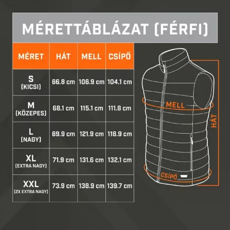 THAW THA-APR-0004-G fűthető mellény, M méret, 4 hőzóna, 3 fokozat, vízlepergető réteg, külső akkumulátorral