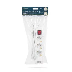   Delight ELOSZTÓ 3-AS, 1,5 M,  2 X USB-VEL, KAPCSOLÓS 20221U