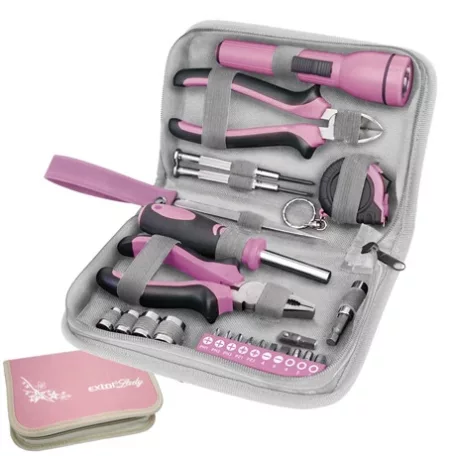 Extol Lady SZERSZÁMKÉSZLET, 23DB, 1/4"; EXTOL LADY, RÓZSASZÍN, 4 DUGÓFEJ (6-12MM), FOGÓK, CSAVARHÚZÓ MARKOLAT, MÉRŐSZALAG, BIT-EK 6595