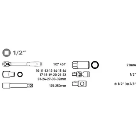 Extol Premium DUGÓKULCS KÉSZLET, 10-32MM, CV., RACSNIS 45FOG, 1/2", 24DB, FÉM DOBOZ 8818365