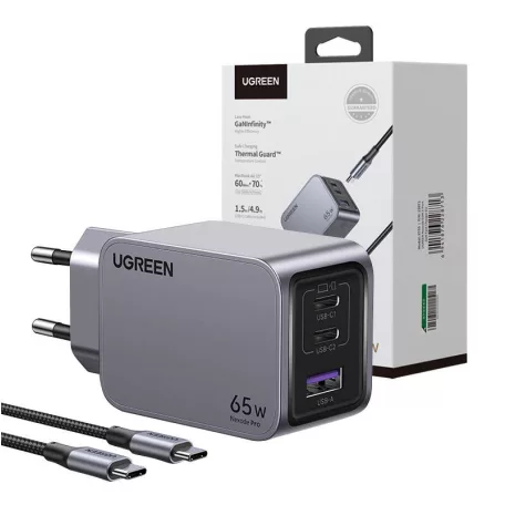 UGREEN Nexode Pro fali töltő, USB + 2x USB-C, 65W + USB-C kábel, 1.5m (fekete)