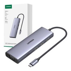   UGREEN CM498 hub, USB-C, 3x USB 3.0, HDMI 4k 30Hz, VGA, RJ45, SD/TF, PD 100W (szürke)